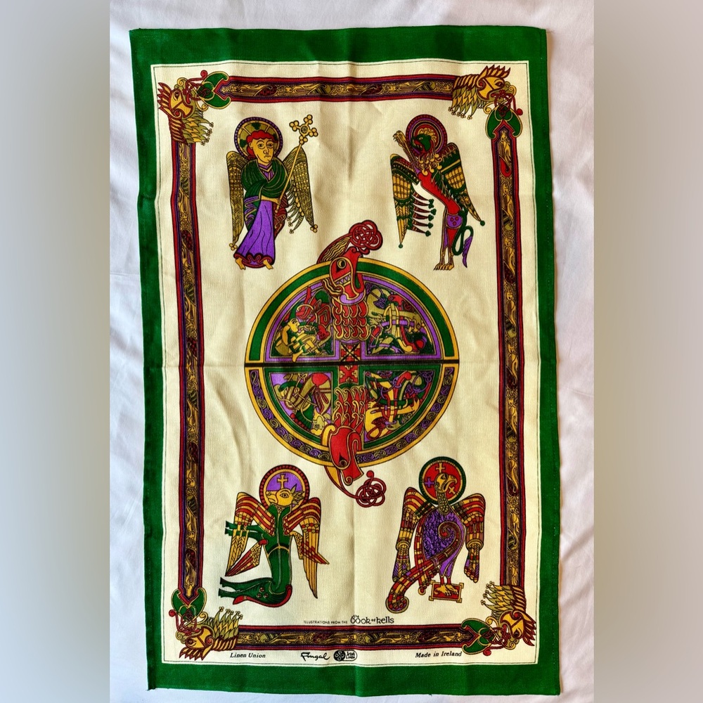 Decorative Celtic Linen Tea Towel in Green and Cream